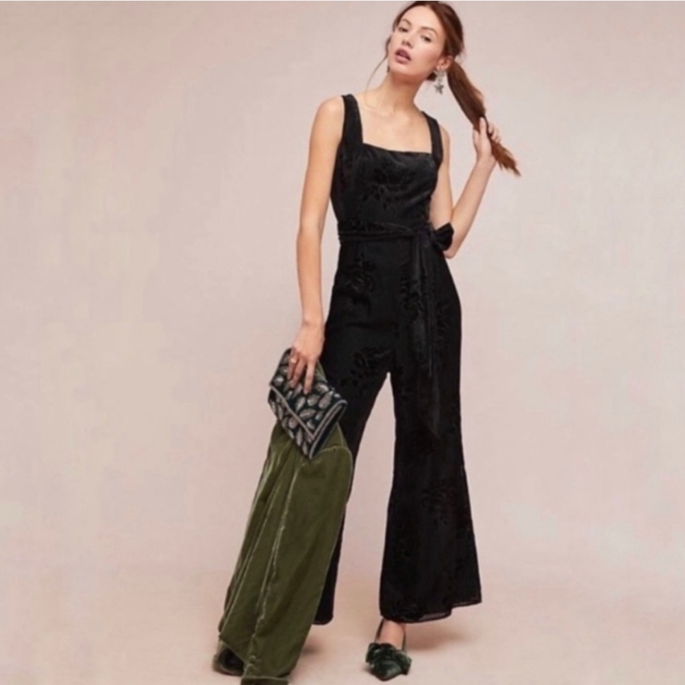 Anthropologie Black Velvet Wide-Leg Jumpsuit